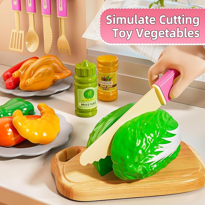 36 in Kids Kitchen Playset for Ages 2-6 4-8, Play Kitchen with Light, Sound and Spraying, Sink Toy Accessories, Cooking Stoves, Pretend Food Toys for Toddlers 1-3 3-5 Boys Girls 6-12 (Pink)