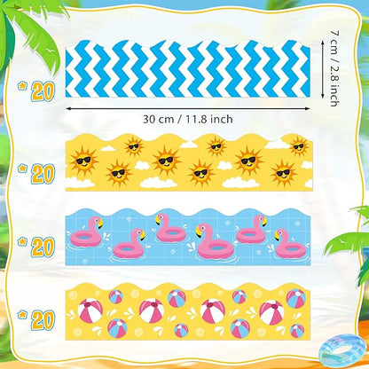 BeYumi Summer Beach Border Trim - 80Pcs Summer Wave Beach Pool Bulletin Board Borders Back to School Border Trim Decor Classroom Office Chalkboard White Board Poster Summer Holiday Party Decoration