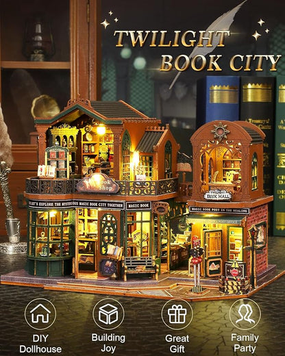Miniature House Kit Bookstore, DIY Mini House Building Kit, Miniature Kit for Adults with Furniture and LEDs, Great Gift for Teens and Christmas Decor (Twilight Book City)