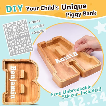 SummiDate Wooden Letter Piggy Bank| Piggy Bank for Boys Girls Toddler| Alphabet B Money Bank| Coin Bank Birthday Gift for Kids|Birthday Easter Gift for Kids (B)