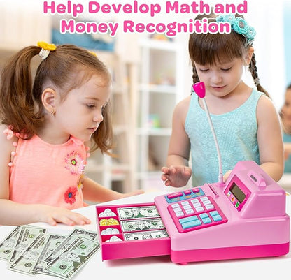 BAODLON Calculator Cash Register - 103 Pcs Pink Toy Cash Register, Microphone, Credit Card and Banking for Kids, Early Math Skills Toys Gifts for 3, 4, 5, 6 7 8+ Years Old Boys Girls