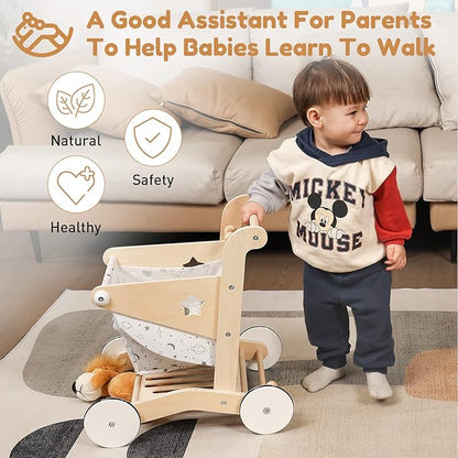 Woodtoe Wooden Baby Walker Doll Stroller | Adjustable Speed Shopping Cart for Toddlers 1-3 | Baby Push Walker - Pretend Play Grocery Cart | Natural Wood Stroller Push Toys for Babies Learning to Walk