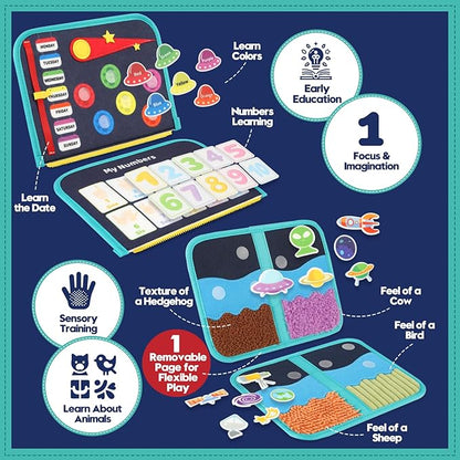 Toddler Sensory Busy Board: Travel Toy Activity Book for Girls Boys, Motor Skill Development Gift for Baby Aged 3-4 Years, Fine Educational Preschool Montessori Learning Toy for Car Airplane Space