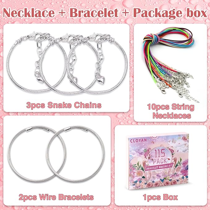 CLOYAN Charm Bracelet Making Kit for Girls, 115PCS Jewelry Making Kits for Girls with Beads, Jewelry Charms, String Necklace, Bracelets for DIY Craft, Jewelry Making Kit for Girls 8-12.