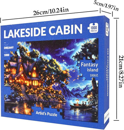 1000 Piece Fantasy Island Sparkling Jigsaw Puzzle for Adults – Dreamy Lakeside Cottage Under Starry Night Sky, Whimsical Fairy Tale Art Puzzle, Relaxing and Challenging Gift for Puzzle Lovers