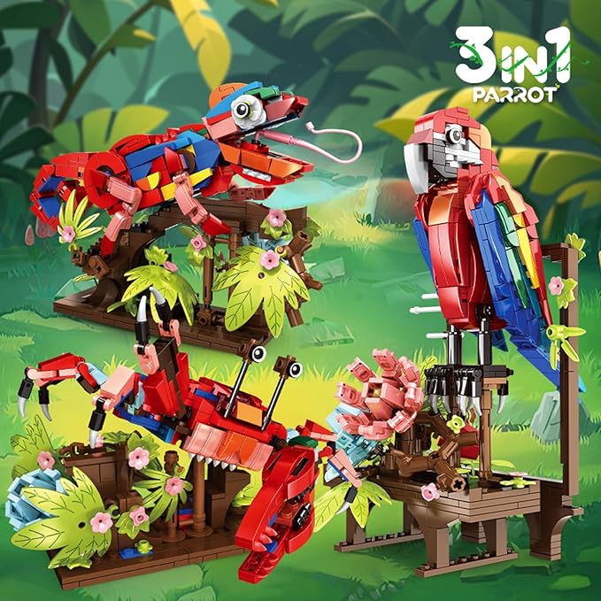 3 in 1 Parrot Building Block Set, Creative Animal Flower Construction Toy for Kids, Transform into Parrot, Chameleon & Crab Figures – Ideal for Home Decor & Creative Gifts