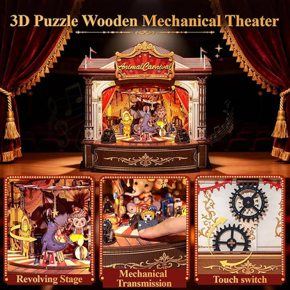 CUTEBEE 3D Puzzles Wooden Theater for Adults - DIY Music Box Rotating Miniature House Kit Model Building Set with LED Light, Home Bookshelf Decor, Unique Birthday Gifts (Animal Carnival)