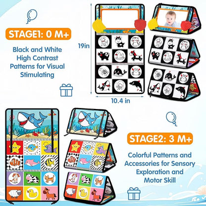 Tummy Time Mat Mirror Toys - Musical Activity Playmat Baby Toys for Newborn - Black and White High Contrast Montessori Sensory Crinkle Toy for Infant 0-3-6-12 Months Babies Boys Girls Shower Gifts