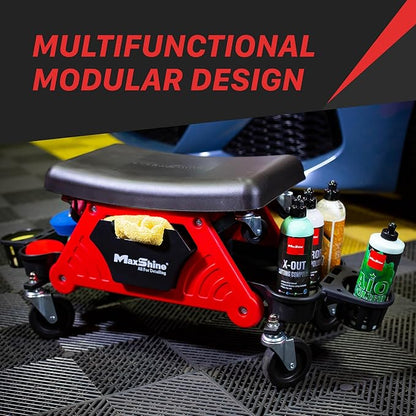 Maxshine 2-in-1 Modular Detailing Creeper Seat V2 | Rolling Creeper with Removable Cushion & Tool Tray | Heavy-Duty Polyethylene & Steel Frame, 4” Wheels | Complete Set (Black)