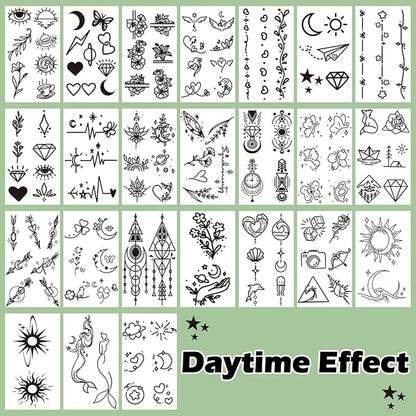 Luminous Temporary Tattoos for Adults, 60 Sheets Glow In The Dark Fake Tattoos for Face Hands, Lines Flowers Stars Moon Bohemian Design