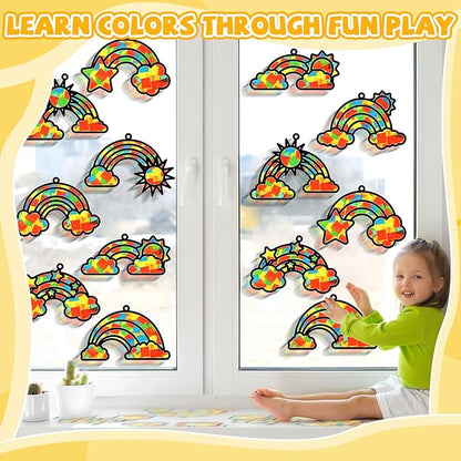QOUBAI 32 Sets Rainbow Suncatchers Craft Kit DIY Window Stained Glass Effect Planet Rainbow Sun Paper Crafts Home School Classroom Decoration Kid Birthday Gift Creative Art Project Activity Game