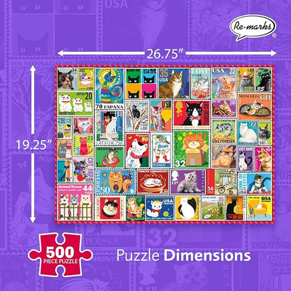 Re-marks Cat Stamps Collage Puzzle, 500 Large Piece Jigsaw Puzzle for All Ages