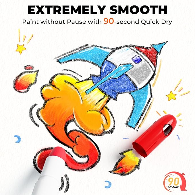 26 Colors Rocket Tempera Paint Sticks with 120 PDF Coloring Pages, Quick Drying, Non-Toxic and Washable Paint Sticks for Kids and Students, Art Supplies for Drawing on Paper and Canvas