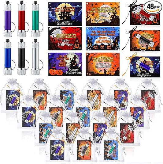 24 Sets Halloween Gifts Bulk Flashlights Set with Happy Halloween Card for Night Trick or Treat Party Favors