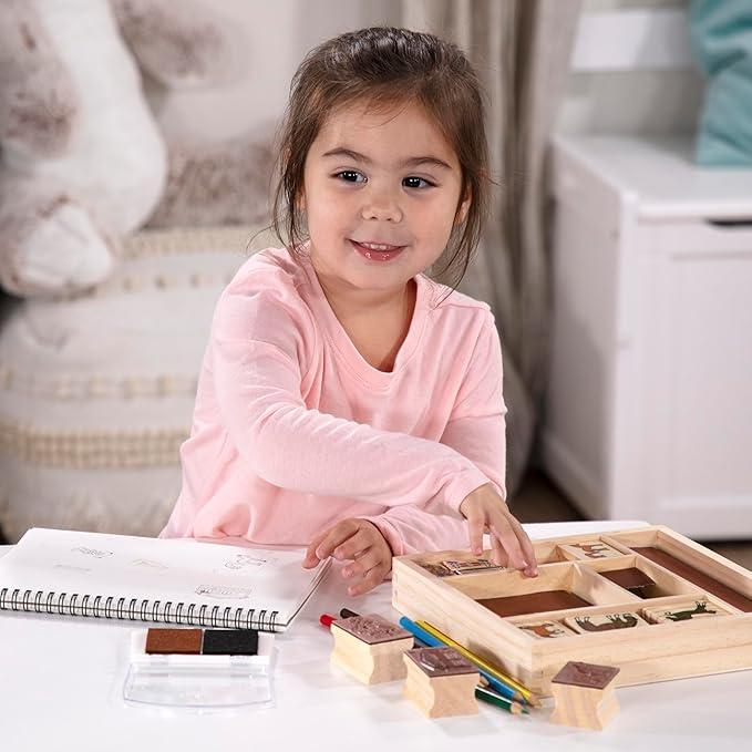 Melissa & Doug Wooden Stamp Activity Set: Horse Stable - 10 Stamps, 5 Colored Pencils, 2-Color Stamp Pad
