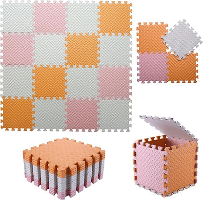 Foam Play Mat for Baby, 0.4 Inch Thick Foam Interlocking Floor Mats, Soft Non-Toxic Baby Playmat, Solid Colored Puzzle Play Mat Kids Floor Mats, 16 Tiles, White/Orange/Loli Pink