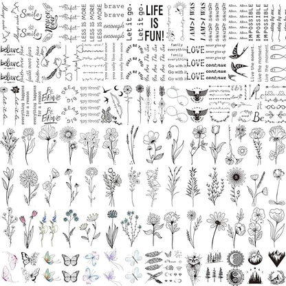 100 Sheets Realistic Temporary Tattoos, 240+ Pcs Multicolor Modern Floral & Inspirational Words Tattoos, Waterproof, 3+ Kids