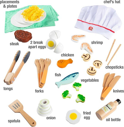 Hibachi Grill Wooden Kids Playset w Stools, Table Settings, 25+ Toy Food Pieces- Noodles Tongs Meats Veggies- Everything Little Chef Needs for Pretend Play, Indoor Japanese Restaurant Stand, Xmas Gift