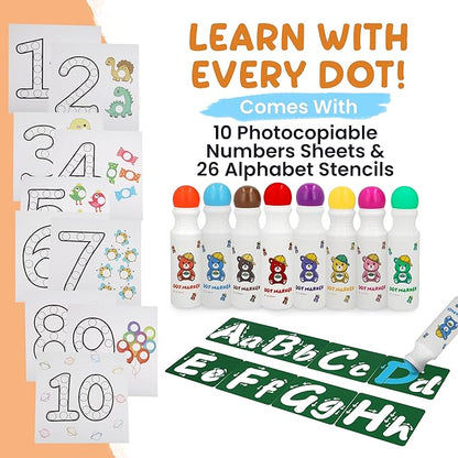 8 Washable Non-Toxic Dot Art Marker for Children Early Education, Fun Art Bingo Daubers Supplies with Alphabet Stencils and Activity Sheets