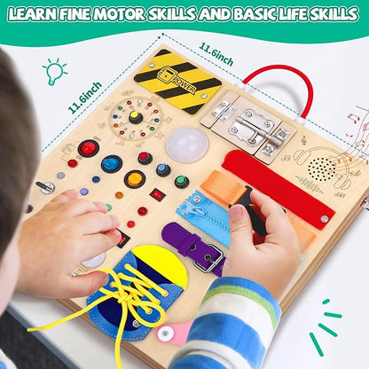 Busy Board,Montessori Toys for 1-3 Years Old, Wooden Toddler Toys, Autism Sensory Travel Toy, Ideal Gift for 1+ Year Old Boys (Busy Board Plus v3)