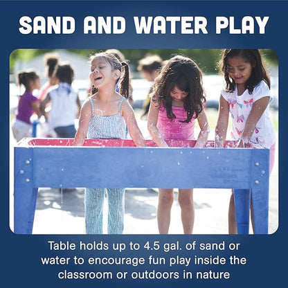 Constructive Playthings Indoor/Outdoor Sand and Water Activity Table for Kids Ages 1-3, Portable Classroom Play Table with Dry-Erase Top and 2 Side Trays, Blue/Red