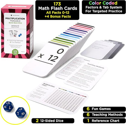 Think Tank Scholar 173 Multiplication Flash Cards + 2 Math Dice (Award Winning) All Facts 0-12 Answer on Back, for Kids in 2ND, 3RD, 4TH, 5TH, 6TH Grade Class or Homeschool - Games & Chart