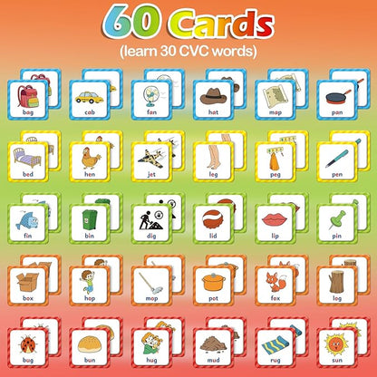Aizweb CVC Word Match Game - 60 Pc Toddler Card Games for Kids Ages 3-6, Phonics Flash Cards for Preschool & Kindergarten Learning Activities, Educational Toys for Home School Supplies