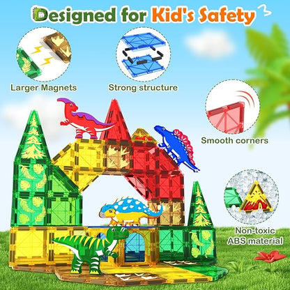 Dinosaur Toys Magnetic Tiles Jurassic Scenes Dinosaur World, Magnetic Blocks STEM Sensory Toddler Kids Games, Creative Toys Gifts for 3+ Years Old Boys Girls for Kids 3-5 5-7
