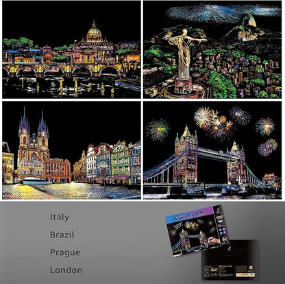 Scratch Art for Kids & Adults, Rainbow Engraving Painting Landscape Scratchboard(A4) Crafts Set: 8 Sheets 4 tools - Fireworks, Big Ben, Tower Bridge, Cristo Redentor, Ferris Wheel(Landmark Building)