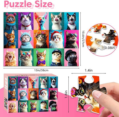 100 Piece Puzzles Multicolor Fun Cats, Large Piece Jigsaw Puzzle for Kids Ages 4-6 6-8 8-10, Pets Cat Theme Puzzles for Teens Seniors Adults, Collection Gift Home Art Decor Toys Gifts for Girls Boys