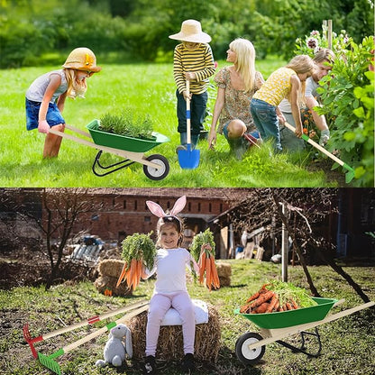 Kids Wheelbarrow Set with Gardening Tools Outdoor Backyard Garden Play for Toddlers Boys Girls 3-8, with Shovel, Rake, Leaf Rake, Easter Birthday Gifts (Green Garden Set)