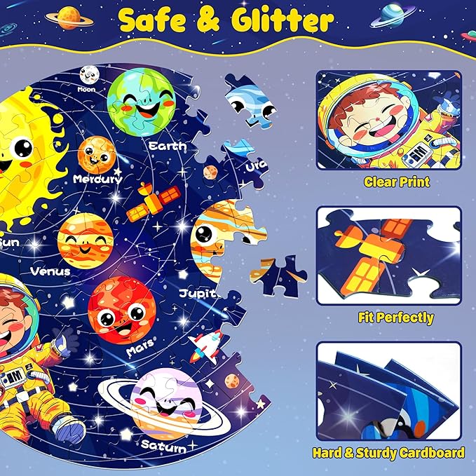 ZIZZ Puzzle for Kids Ages 4-6: Glow in The Dark Solar System Jigsaw Puzzles 70 Piece Space Planets Large Floor Puzzle for Kids 3-10 Years Old Educational Toy Gift for Boys Girls Birthday Christmas