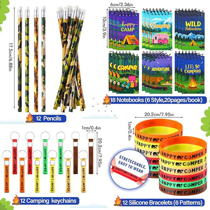 Zhanmai 140 Pcs Fall Camping Party Favors Gifts Silicone Bracelets Stickers Camping Keychain Badge Camouflage Pencils Spiral Camp Adventure Theme Notepads Happy Drawstring Bags Mini Flashlight for Kid