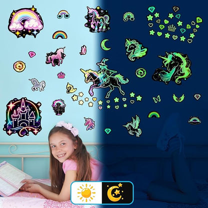 Glow in The Dark Unicorn Wall Decals, Neon Fantasy Rainbow Unicorn Wall Stickers for Girls Room, Colorful Diamond Star Love Room Decor, Baby Girl Boy Bedroom Ceiling Nursery Decoration