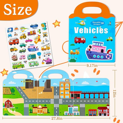 Magnetic Reusable Sticker Book for Kids Ages 3-6, Vehicles Truck with City Playboard Refrigerator Magnet Educational Learning Toys Travel Magnet Stickers Activity Books for Toddler Girls Boys Age 3+