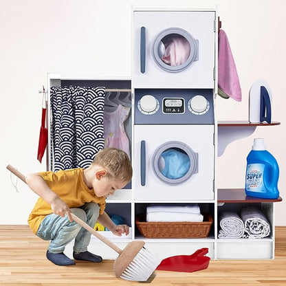 Lil’ Jumbl Kids Washer and Dryer Playset, Wooden Children's Pretend Laundry Set, Includes Broom, Dustpan, Iron, Hangers & Basket, Realistic Laundry Room for Kids - White