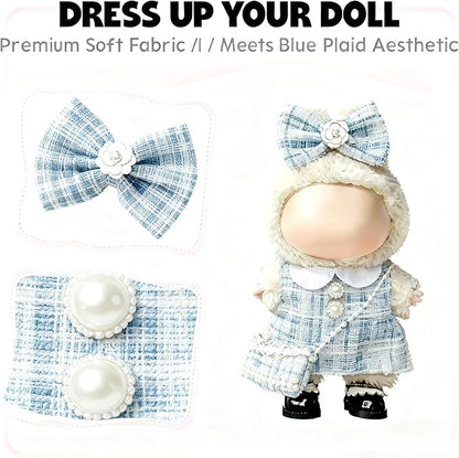 Clothes for LABUBU 17cm Doll (NO Doll)（NO Shoes, Outfit for LABUBU, Dress + Hairpin + Mini Bag Set for LABUBU Dress Up, Fashion and Premium Dolls Accessories for LABUBU (Style I)