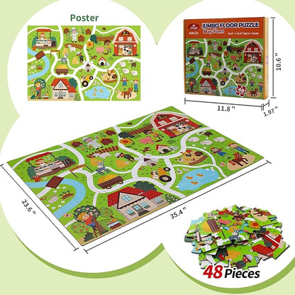 Farm Animals Jumbo Floor Puzzle, 48 Piece Large Jigsaw Puzzles for Toddler 3-5, Farm Adventure Play Mat for Pretend Play, Preschool Educational Toys for Kids Ages 4-8