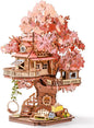 ROBOTIME DIY Miniature House Kits for Adults, 3D Wooden Puzzles for Teenager, Japanese Cherry Blossom Tree Sakura Bonsai Plants for Birthday Gifts and Hobbies (Sakura Tree House)