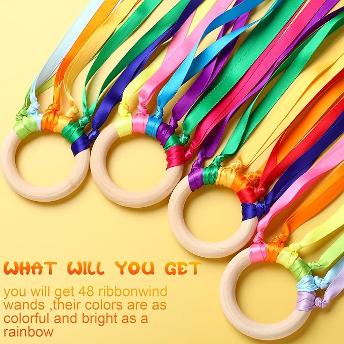 Junkin Ribbon Rings Hand Kite Waldorf Toys Dancing Wrist Ribbons Rainbow Streamers with Wood Ring Educational Toy for Playroom Dancing Birthday Party Gift(24 Pcs)