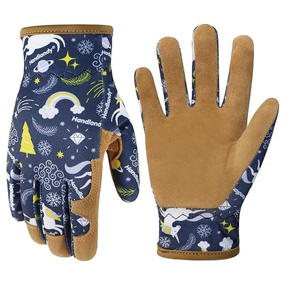 HANDLANDY Kids Genuine Leather Gardening Gloves for ages 3-11, Children Toddler Work Outdoor Playing Gloves for Boys Girls Gift (Medium (for age 5-7), Blue)