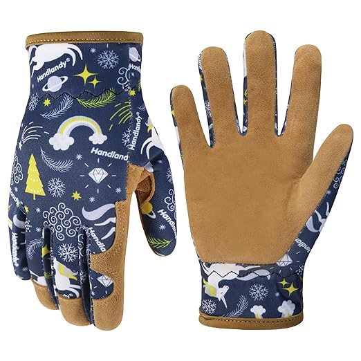 HANDLANDY Kids Genuine Leather Gardening Gloves for ages 3-11, Children Toddler Work Outdoor Playing Gloves for Boys Girls Gift (Large (for age 8-11), Blue)