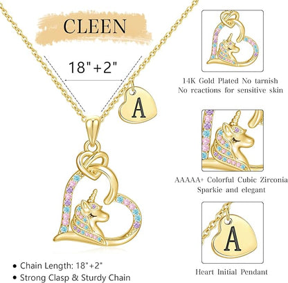 C-leen Unicorn Necklaces Gifts for Girls, 14K Gold Plated Colorful CZ Heart Initial Pendant Unicorn Necklaces for Girls Teens Jewelry Birthday Gifts