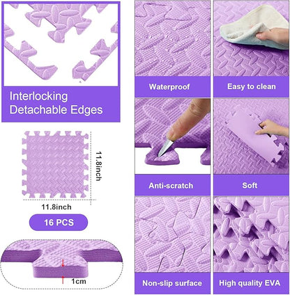 Shihanee 16 Pcs Foam Floor Baby Tiles 11.81 x 11.81 inches Foam Floor Mats Play Mats Bulk with Borders Interlocking for Kids Baby Playroom Nursery Gym（Purple）