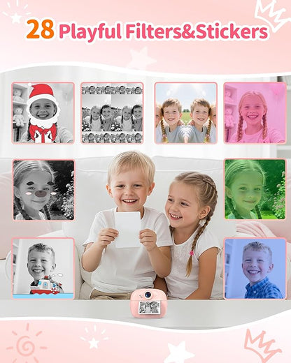 Kids Instant Print Camera,1080P Video Instant Digital Camera for Kids, Christmas Birthday Gift for Girls and Boys Age 3 4 5 6 7 8 9 10, Toy Camera with 32GB SD Card,Christmas Stocking Stuffers, Pink