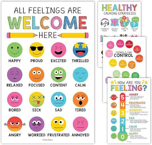 Hadley Designs Feelings Chart For Kids Ages 4-8 - Emotions Chart For Toddlers 3-5, Counseling Feelings Posters For Classroom Calming Corner, Social Emotional Learning Posters, Colorful Classroom Decor