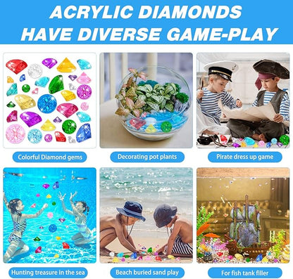 YUJUN 46 PCS Diving Gems Toys,Acrylic Big Diamond Pool Gems with Pirate Treasure Chest Summer Beach Underwater Swimming Toys for Kids Birthday Swimming Pool Party Favors Fish Tank Stuffer (3 Sizes)