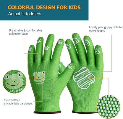 COOLJOB Small Toddler Gardening Gloves for Little Boys Girls Ages 2-4, Breathable Kids Work Gloves with Grippy Animal Paw Dots for Children Yard Landscape, Green Frog, 1 Pair