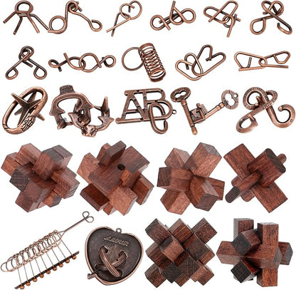 24 Pcs Brain Teaser Puzzles for Adults - Metal Puzzles 3D Puzzle Game Toys for Adults Teens - Wooden Unlock Interlocking Puzzle Adult IQ Education Smart Toys