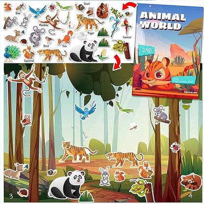 Sticker Book for Kids, 250+ Animal Stickers & 8 Scenes Activity Sheet, Reusable Busy Book, Seek and Find Sticker Coloring Pad, for Boys Girls Toddlers Ages 2-4 4-8 Years Old 3-5 6-7